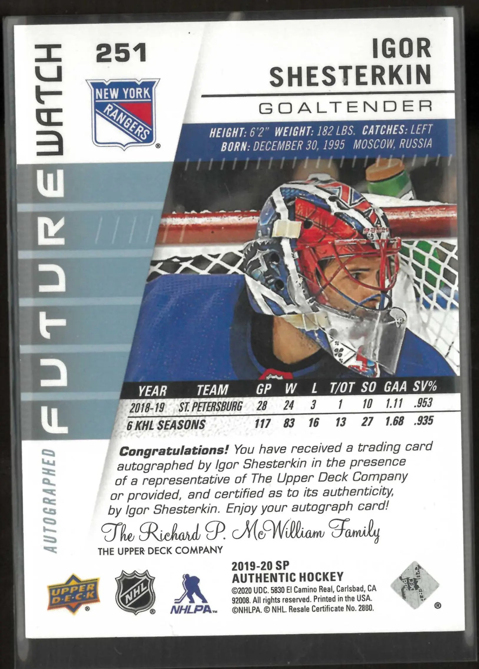 2019-20 SP Authentic Future Watch Rookie Autograph Igor Shesterkin Auto /999 RC 