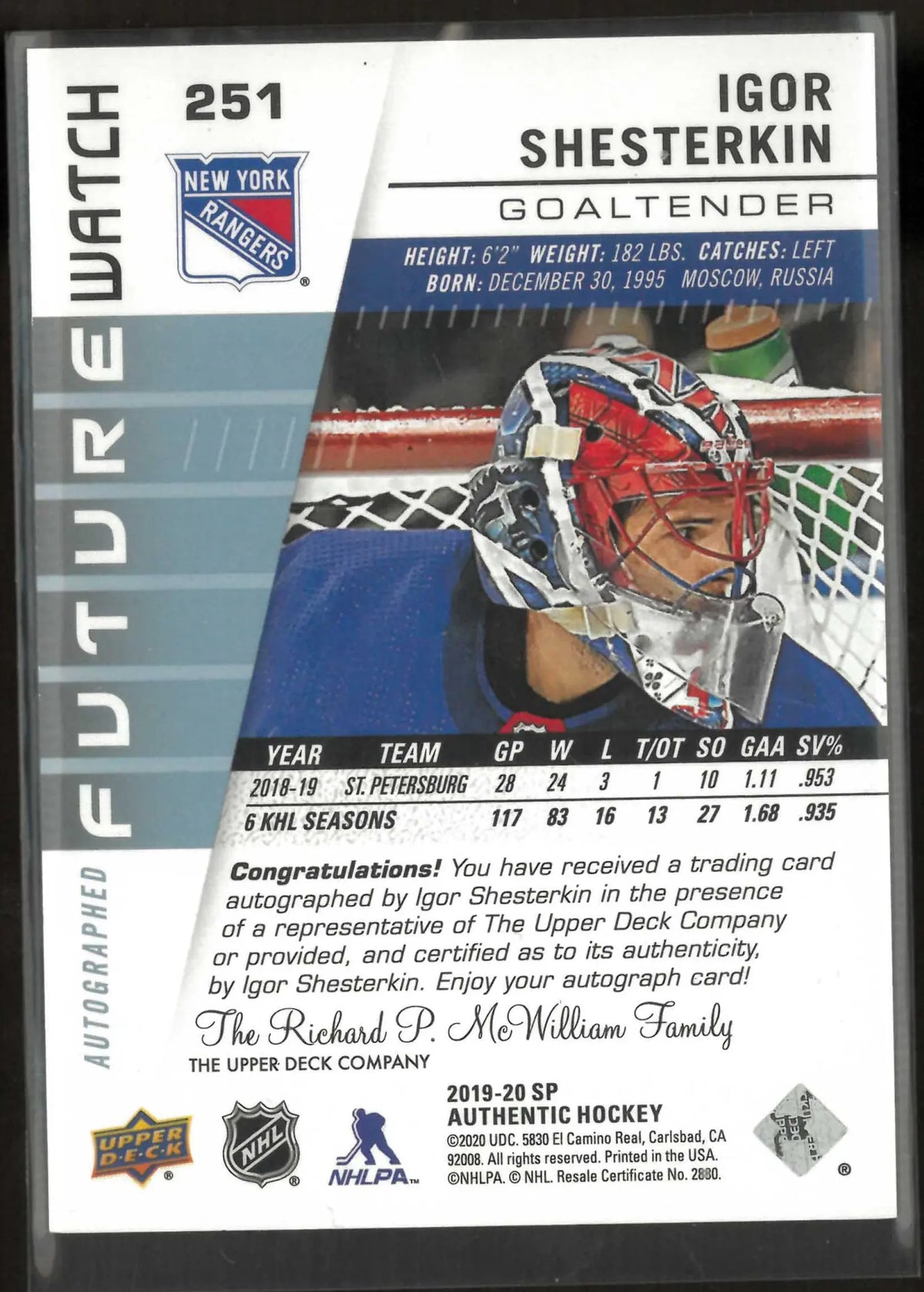 2019-20 SP Authentic Future Watch Rookie Autograph Igor Shesterkin Auto /999 RC 
