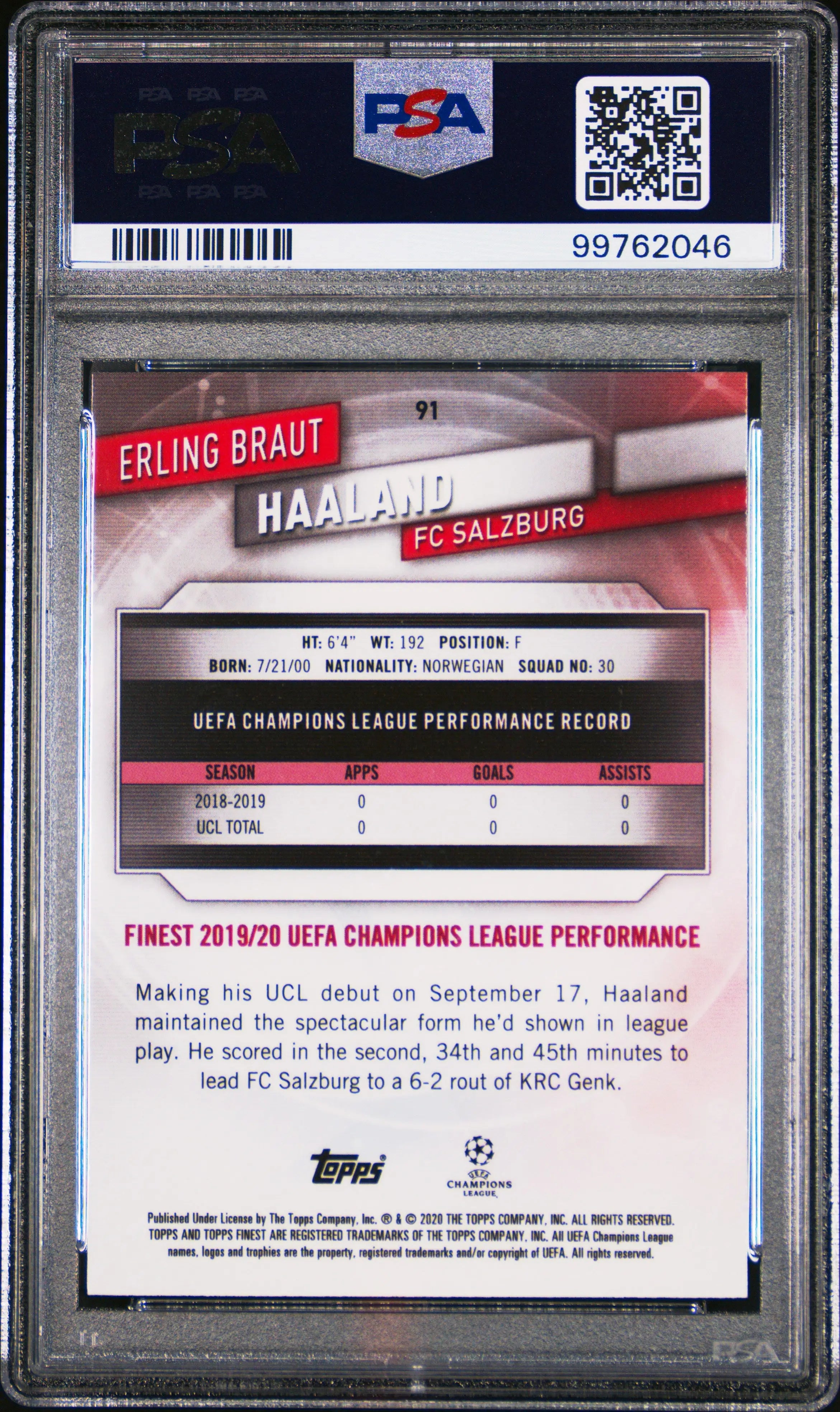 2019-20 Topps Finest UEFA Champions League Erling Braut Haaland #91 PSA 10 