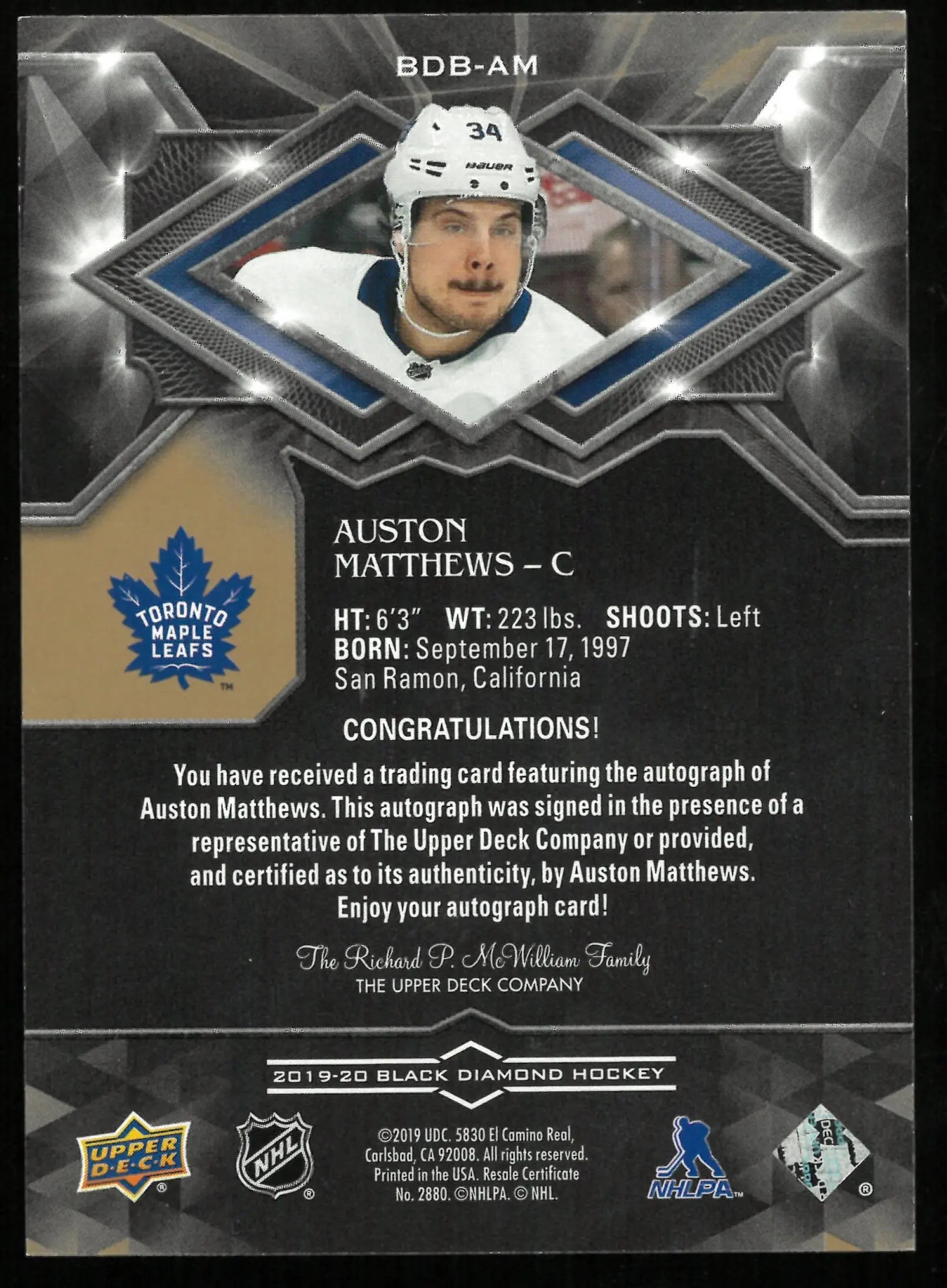 2019-20 UD Black Diamond Hockey Auston Matthews Auto /25 