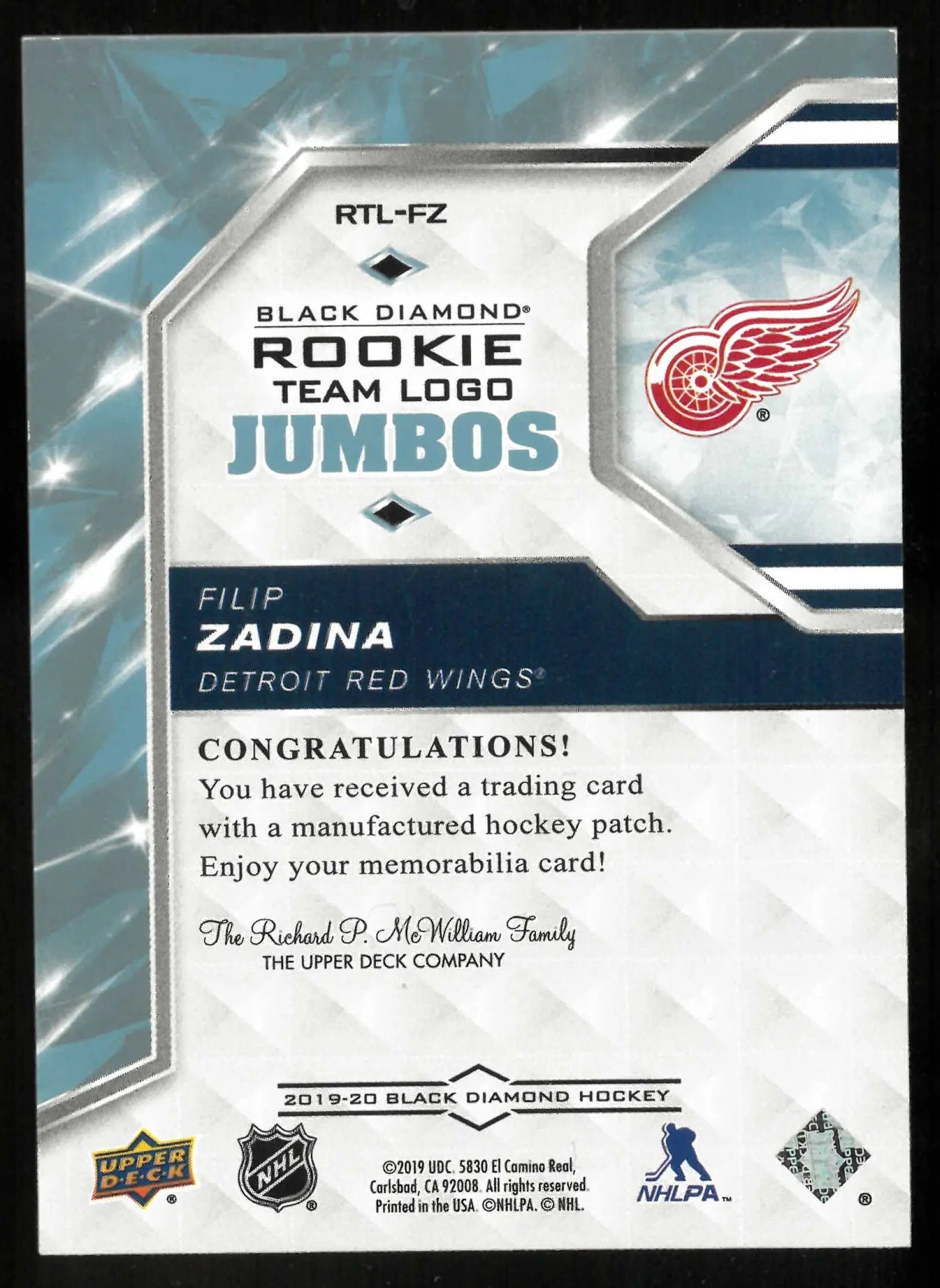 2019-20 UD Black Diamond Rookie Team Logo Jumbo Patch Filip Zadina RC 
