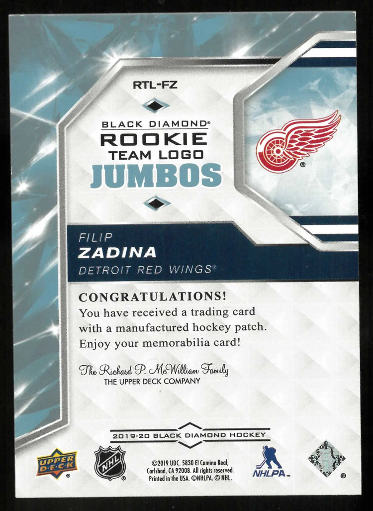 2019-20 UD Black Diamond Rookie Team Logo Jumbo Patch Filip Zadina RC 