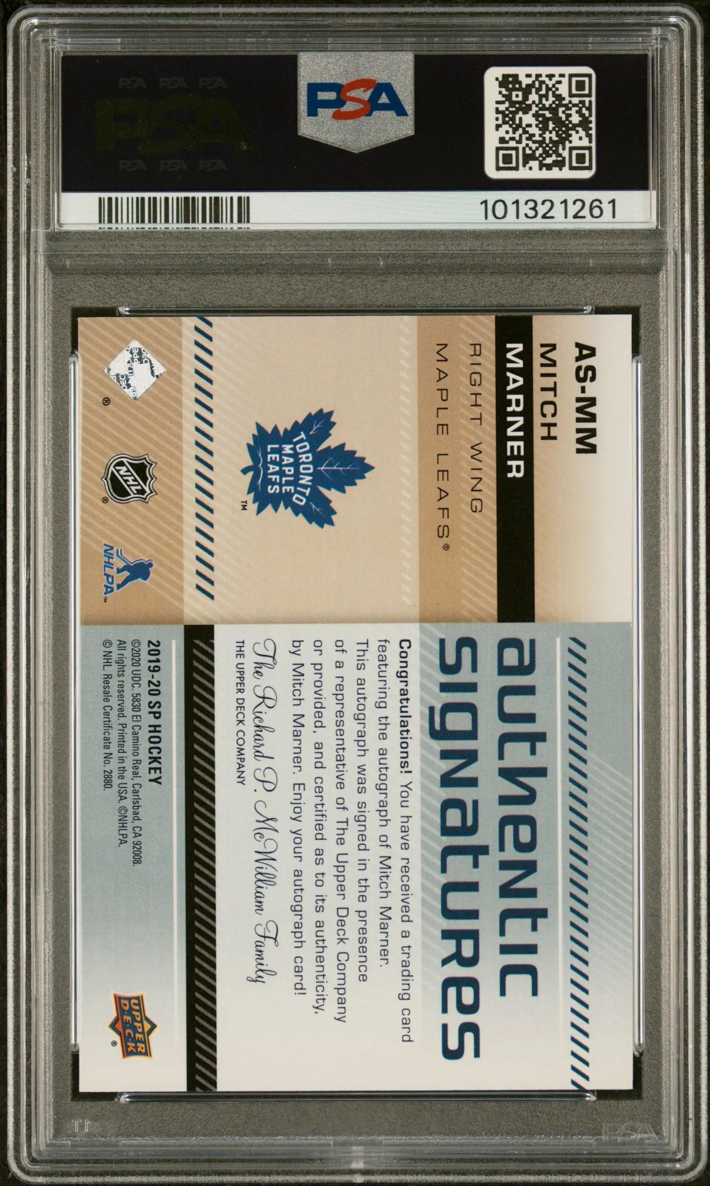 2019-20 UD SP Authentic Signatures Auto Mitch Marner PSA 10 