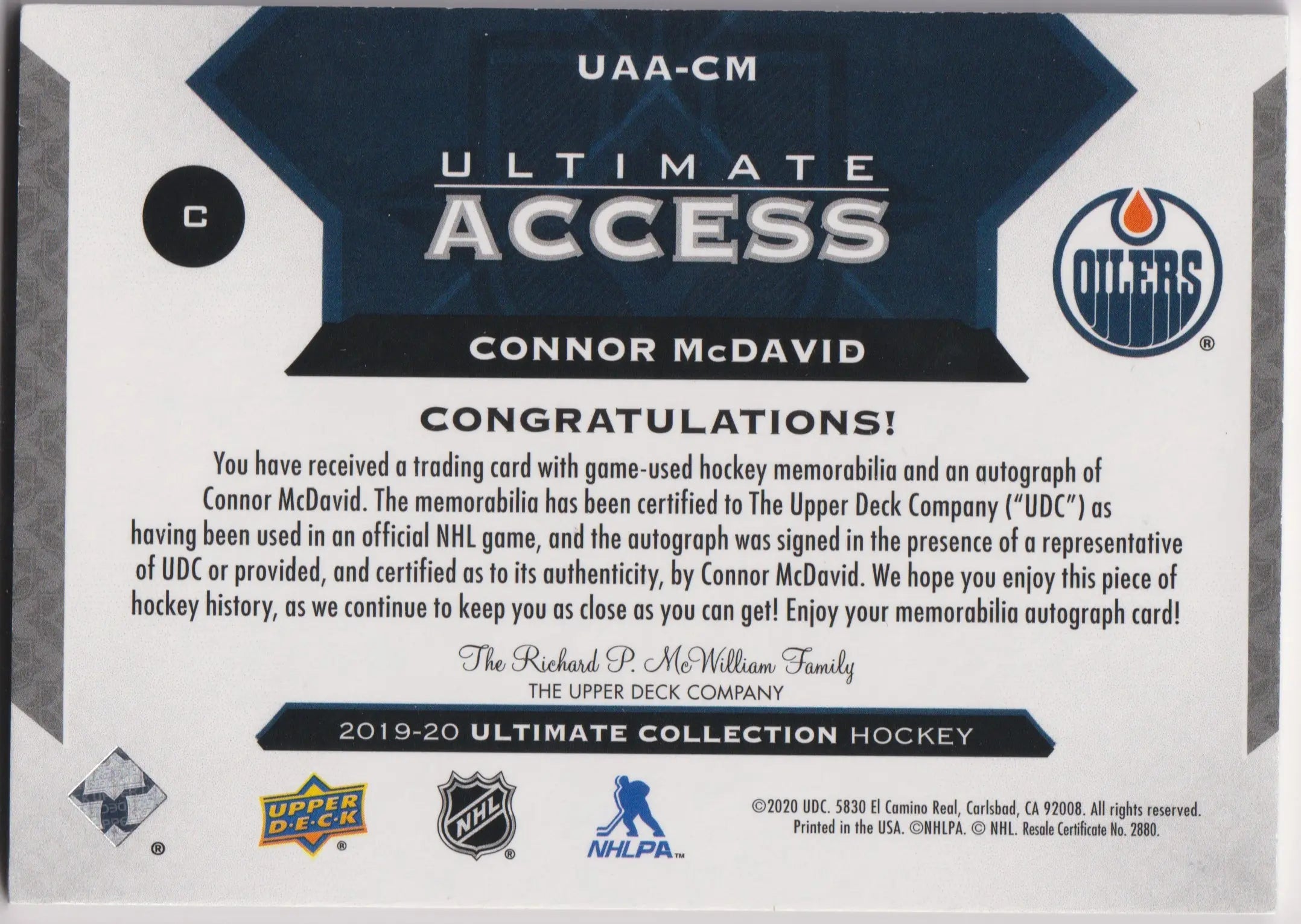 2019-20 UD UC Ultimate Access Autograph Connor McDavid Auto Copper Patch 25/25 