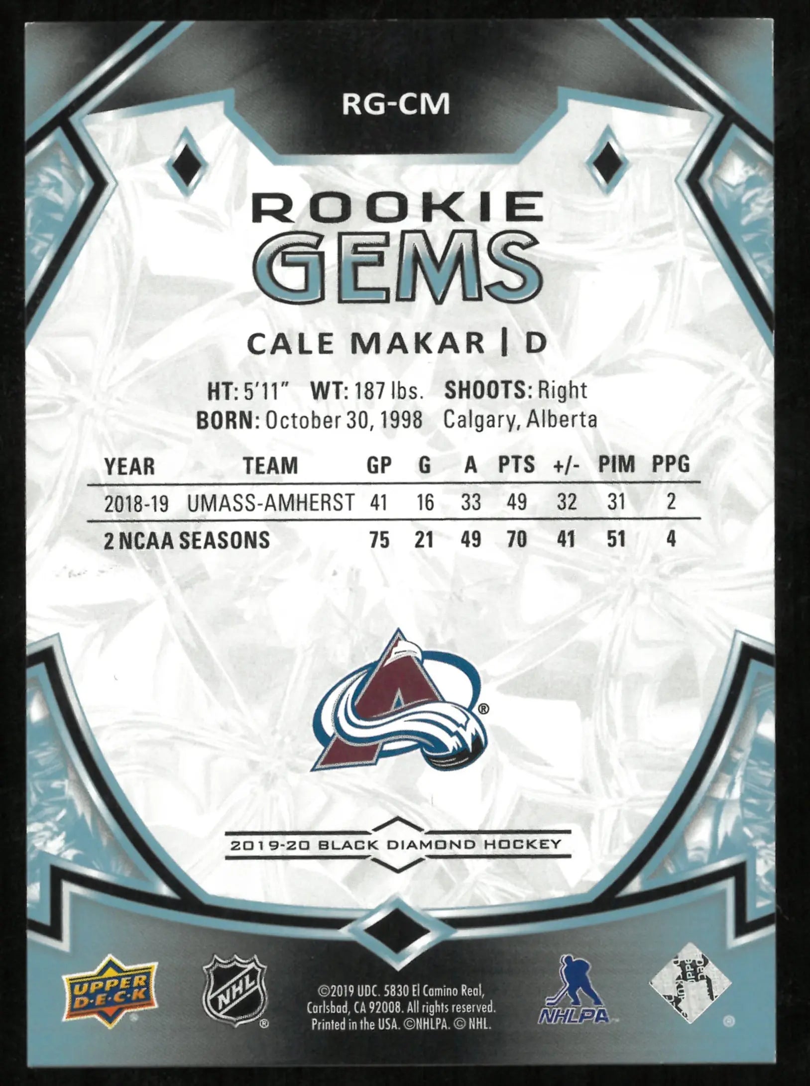 2019-20 Upper Deck Black Diamond RC Rookie Gems Cale Makar /99 