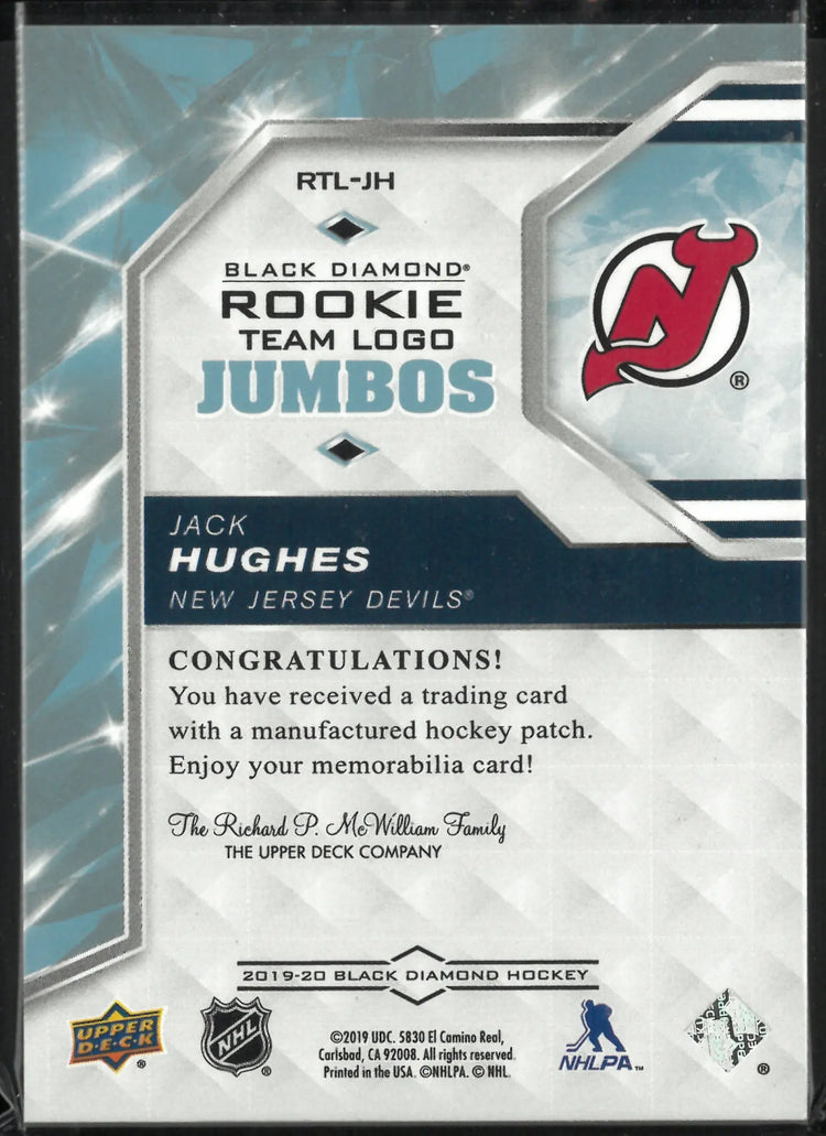 2019-20 Upper Deck Black Diamond Rookie Team Logo Jumbos Jack Hughes RC 
