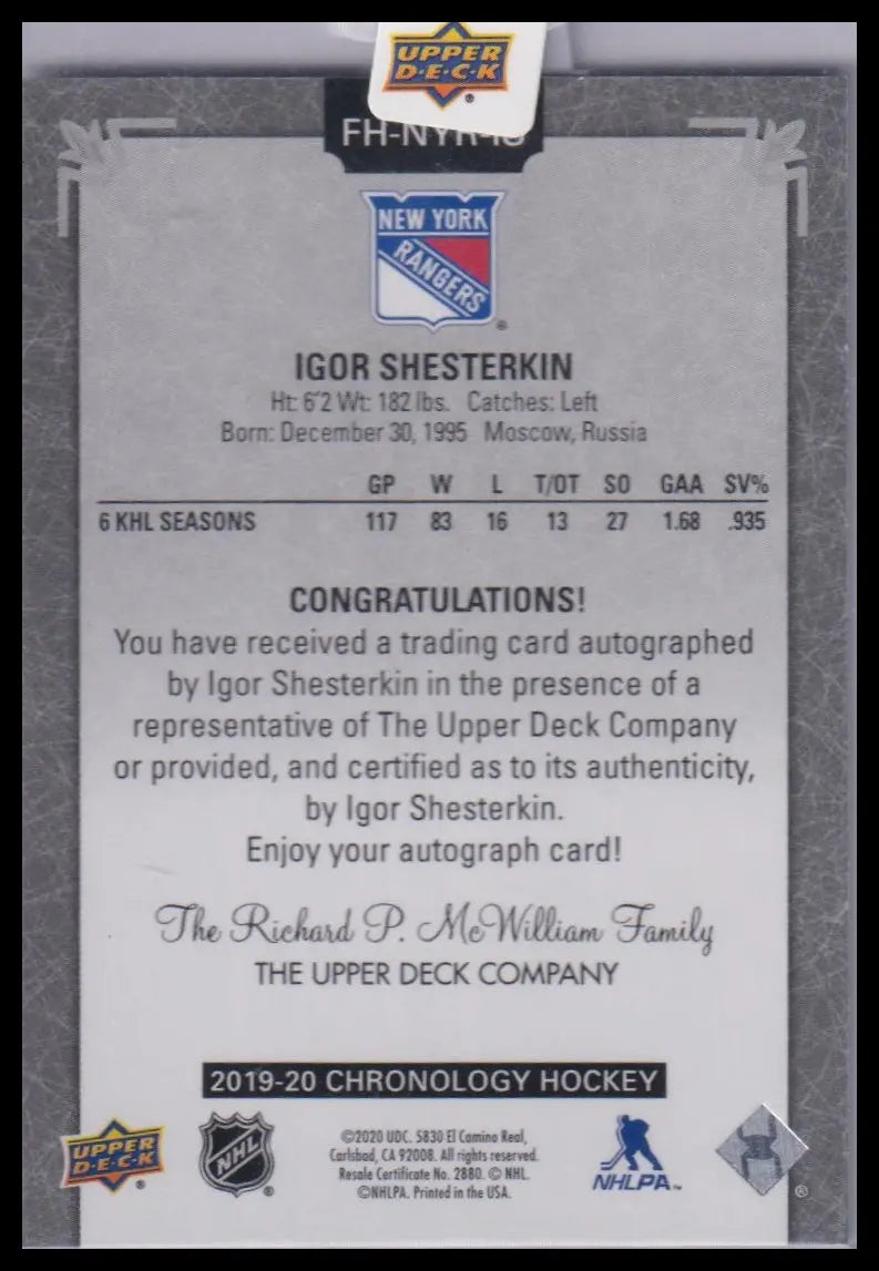 2019-20 Upper Deck Chronology #FH-NYR-IS Igor Shesterkin Franchise History Auto 