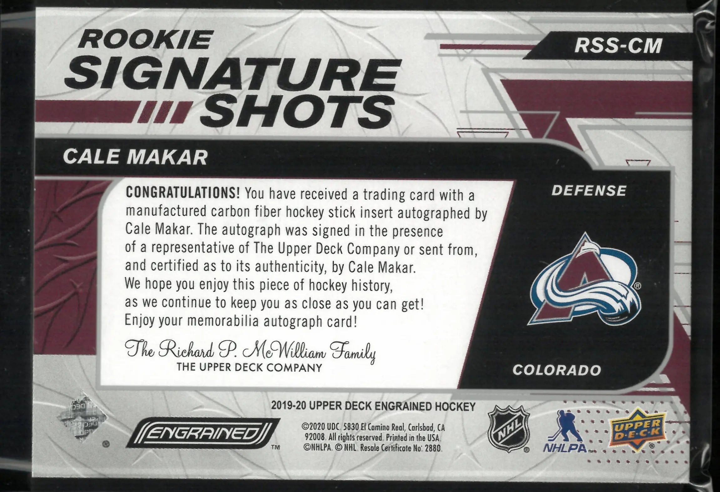 2019-20 Upper Deck Engrained Rookie Signature Shots Cale Makar Auto /149 RC 