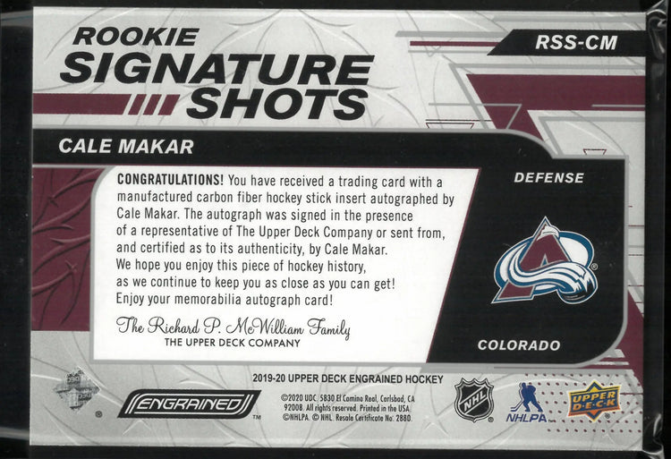 2019-20 Upper Deck Engrained Rookie Signature Shots Cale Makar Auto /149 RC 