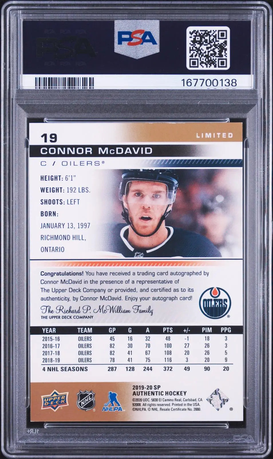 2019-20 Upper Deck SP Authentic Autograph Connor McDavid Base Limited Auto PSA 7 