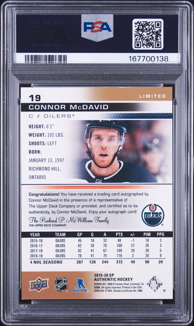 2019-20 Upper Deck SP Authentic Autograph Connor McDavid Base Limited Auto PSA 7 