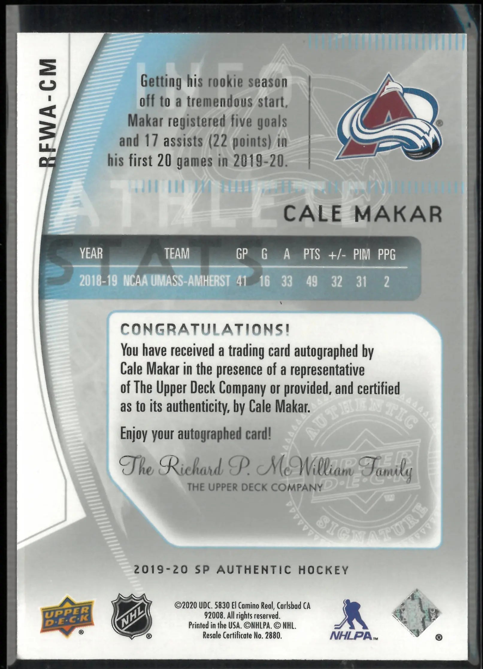 2019-20 Upper Deck SP Authentic Future Watch Rookie Autograph Cale Makar Auto 