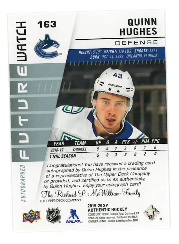 2019-20 Upper Deck SP Authentic Future Watch Rookie Autograph Quinn Hughes /999 