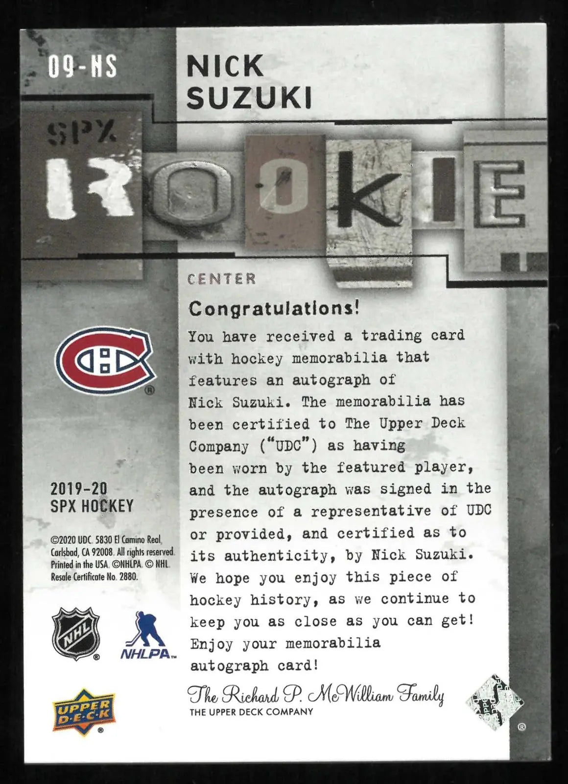 2019-20 Upper Deck SPX Rookie Patch Autograph Nick Suzuki Auto /99 RC 