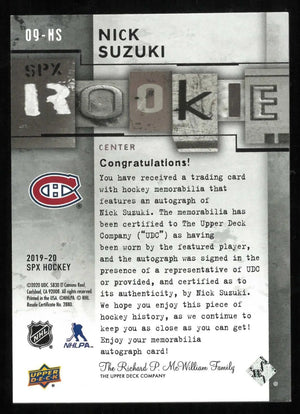 2019-20 Upper Deck SPX Rookie Patch Autograph Nick Suzuki Auto /99 RC 