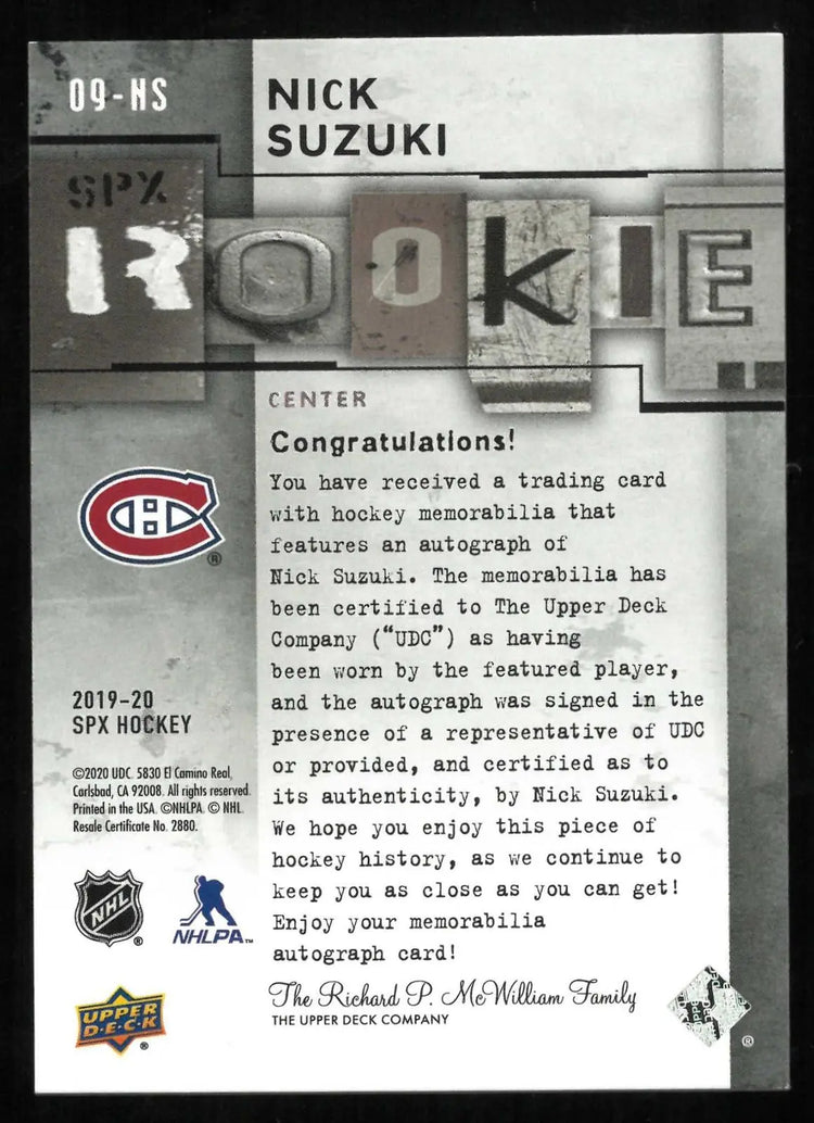 2019-20 Upper Deck SPX Rookie Patch Autograph Nick Suzuki Auto /99 RC 
