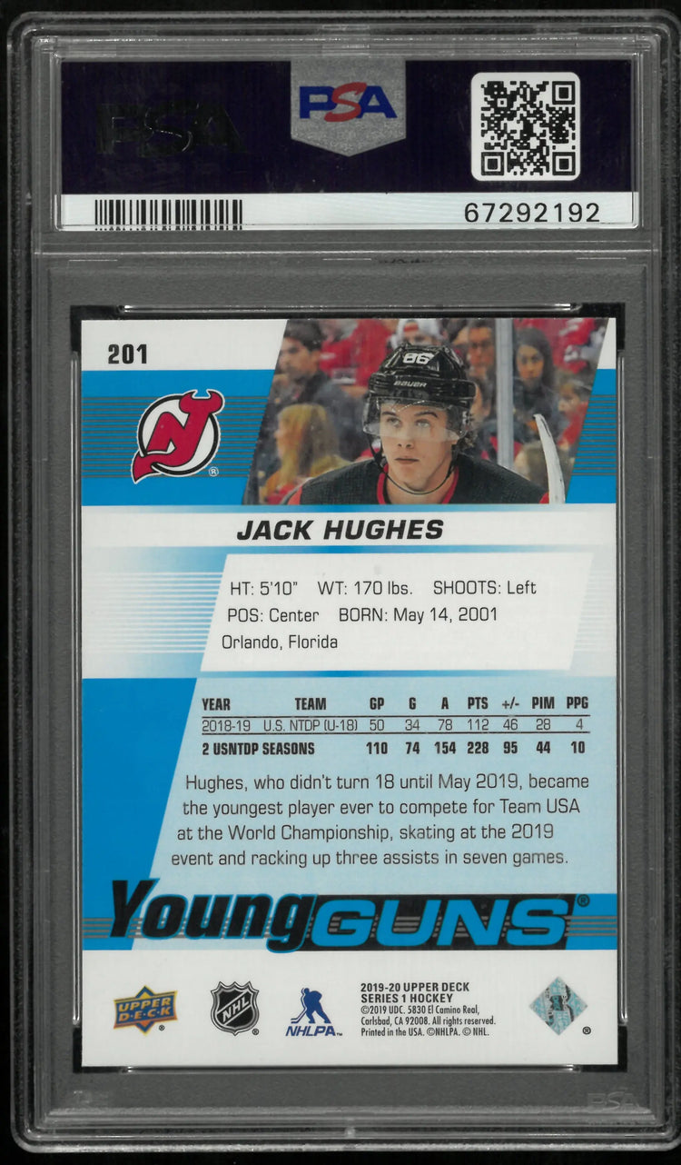 2019-20 Upper Deck Series 1 Jack Hughes Young Guns RC Rookie #201 PSA 10 