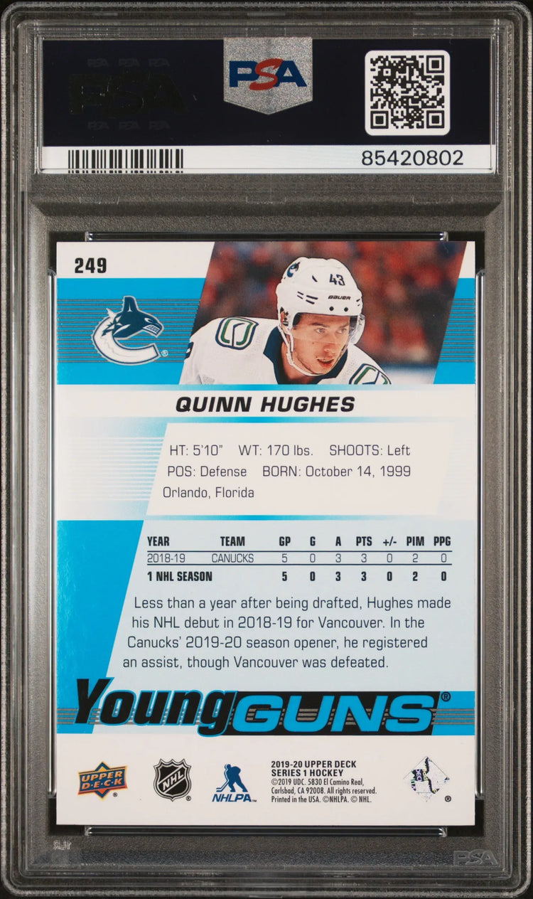 2019-20 Upper Deck Series 1 Quinn Hughes Young Guns RC Rookie #249 PSA 10 
