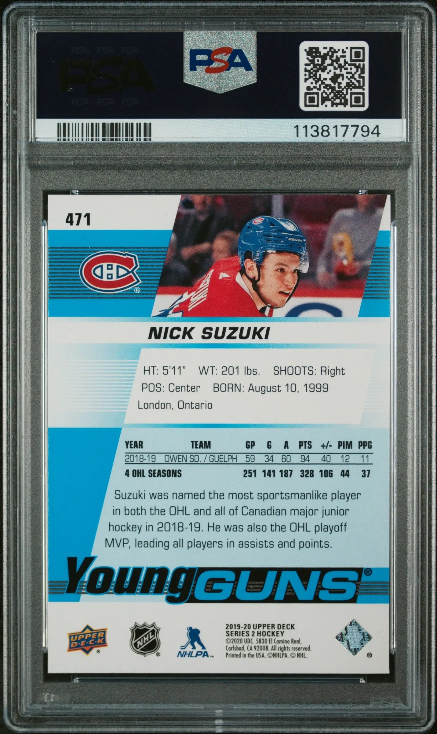 2019-20 Upper Deck  Series 2 Hockey Nick Suzuki Young Guns RC PSA 9 