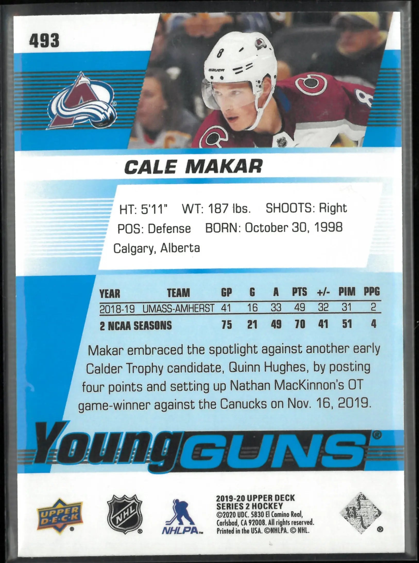 2019-20 Upper Deck Series 2 Young Guns Rookie Cale Makar RC 