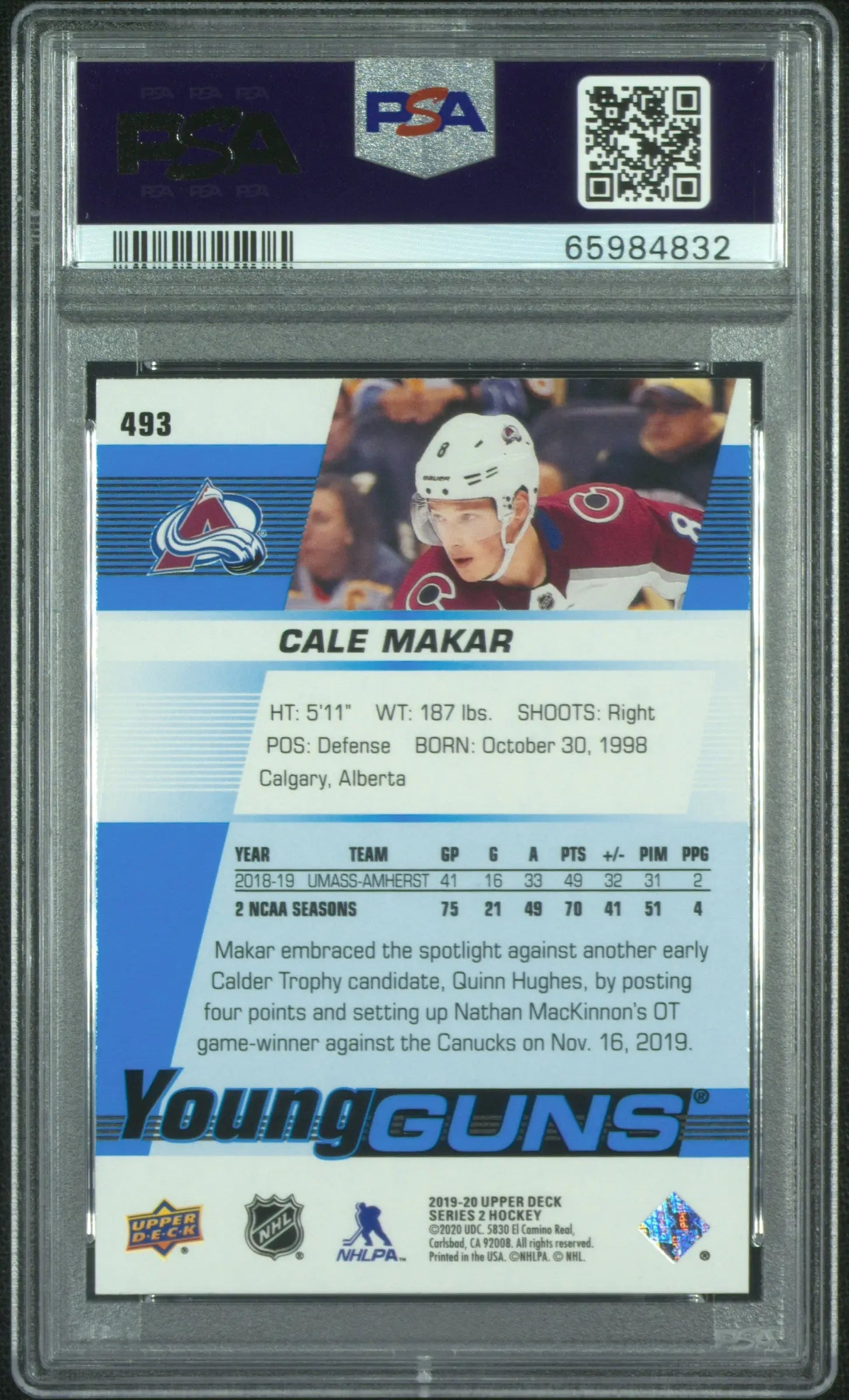 2019-20 Upper Deck Series 2 Young Guns Rookie Cale Makar RC PSA 9 