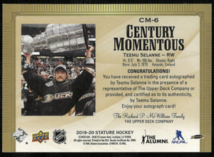 2019-20 Upper Deck Stature Hockey Century Momentous Auto Teemu Selanne /25 