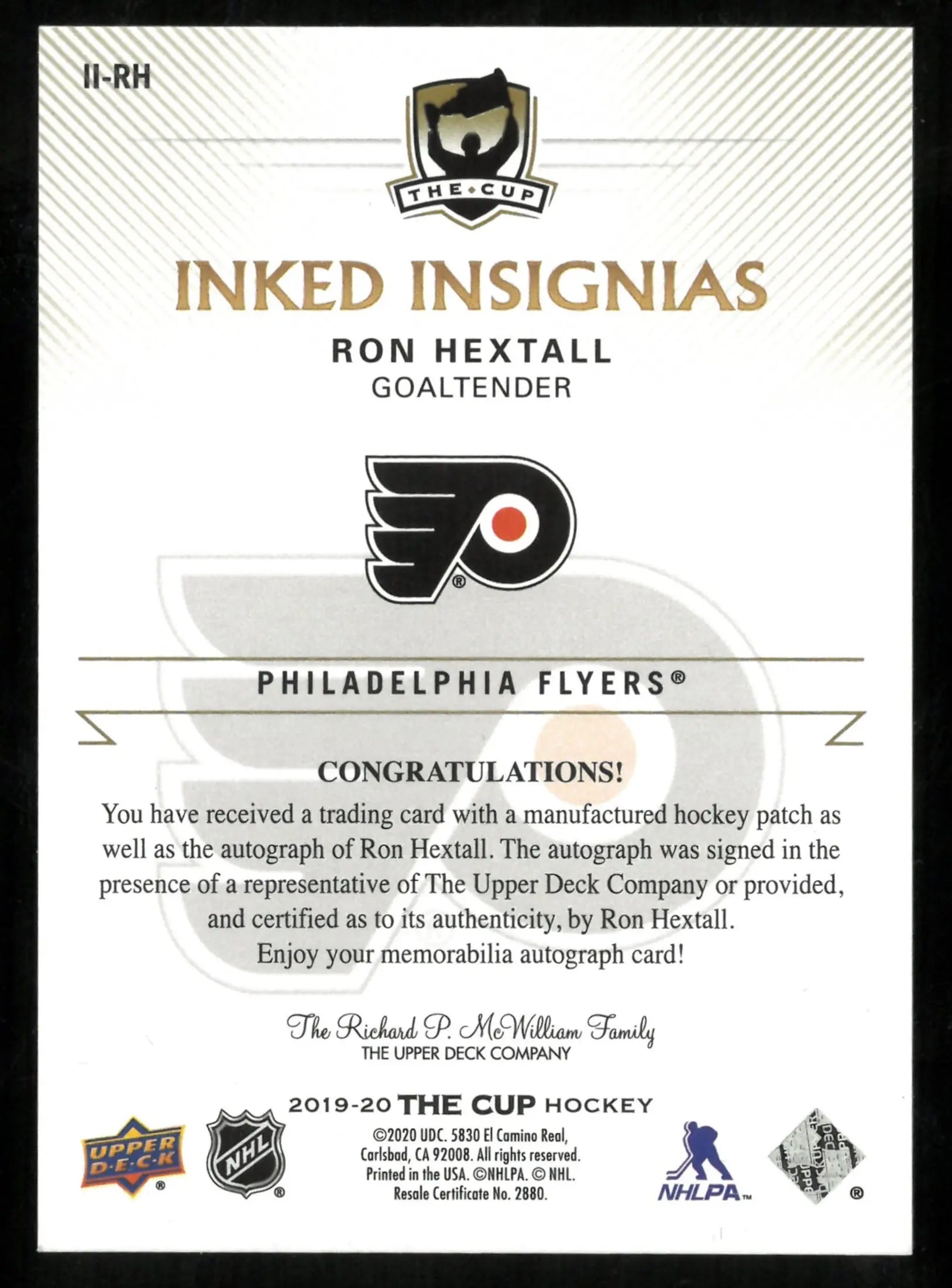 2019-20 Upper Deck The Cup Inked Insignias Patch Auto Ron Hextall /25 