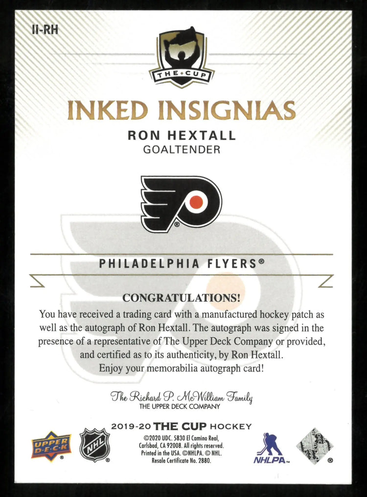 2019-20 Upper Deck The Cup Inked Insignias Patch Auto Ron Hextall /25 