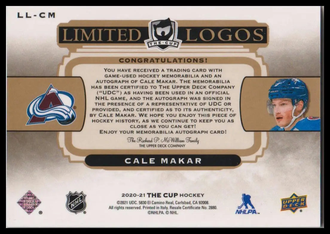 2019-20 Upper Deck The Cup #LL-CM Cale Makar Limited Logos #/50 
