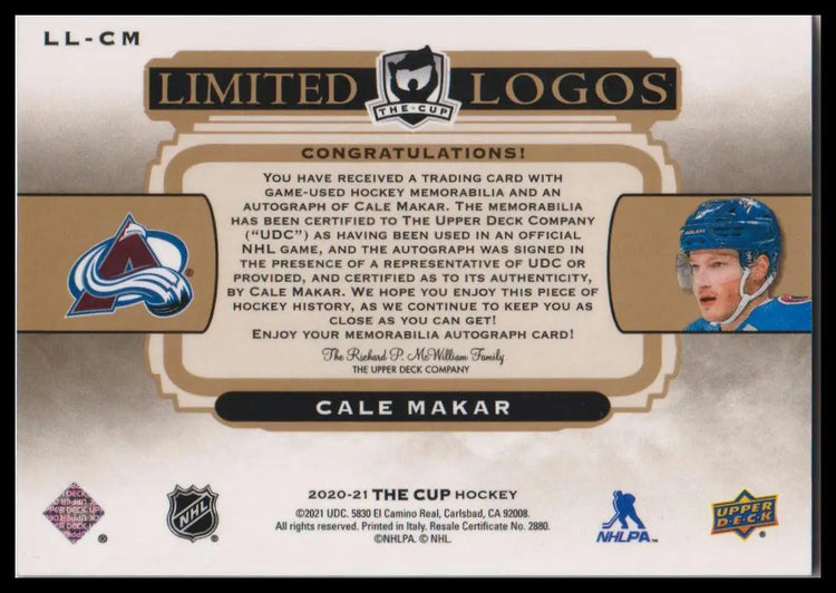 2019-20 Upper Deck The Cup #LL-CM Cale Makar Limited Logos #/50 