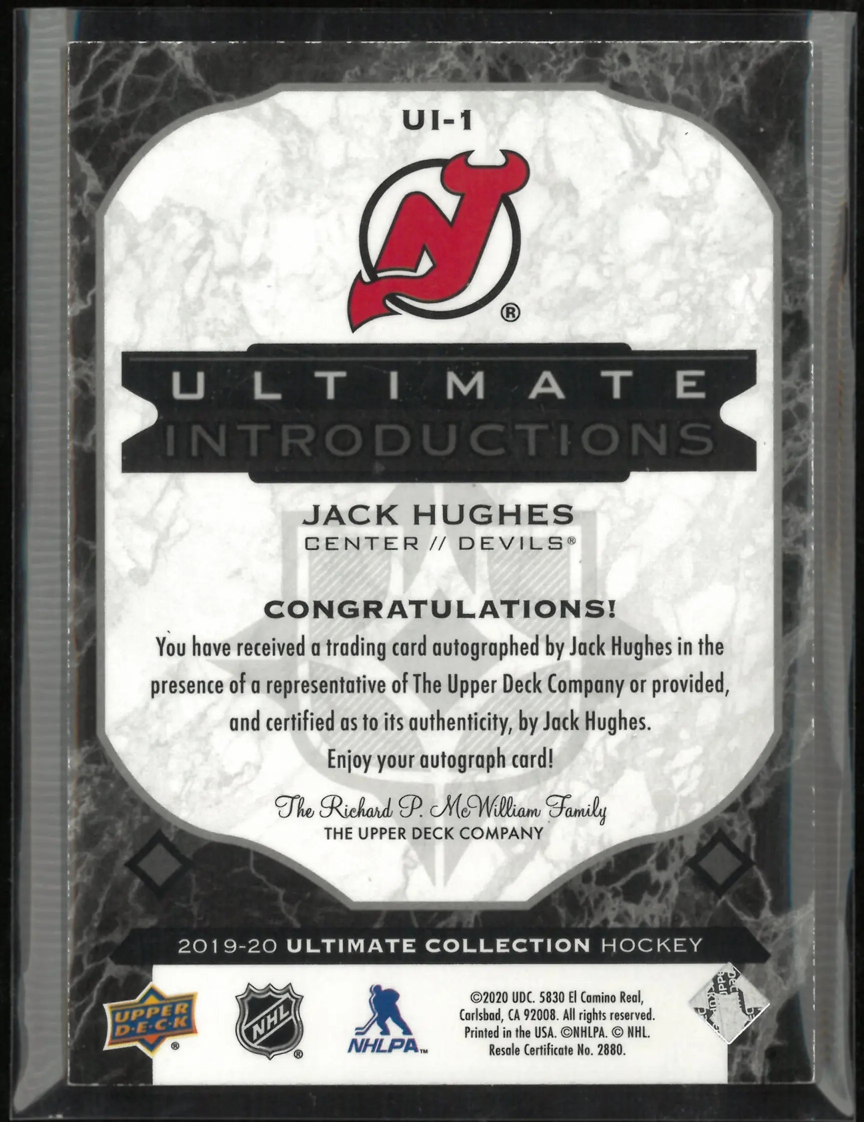 2019-20 Upper Deck Ultimate Collection Introductions Jack Hughes Autograph 6/10 