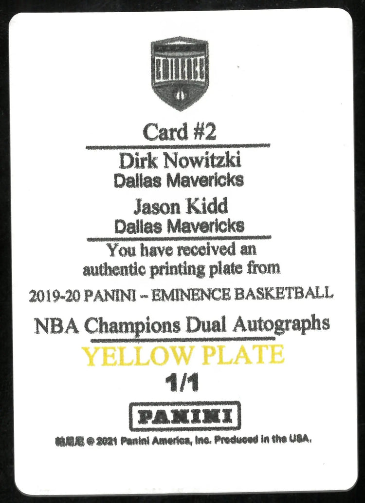2019-21 Panini Eminence Yellow Printing Plate NBA Champions Dual Auto Nowitzki Kidd 1/1 