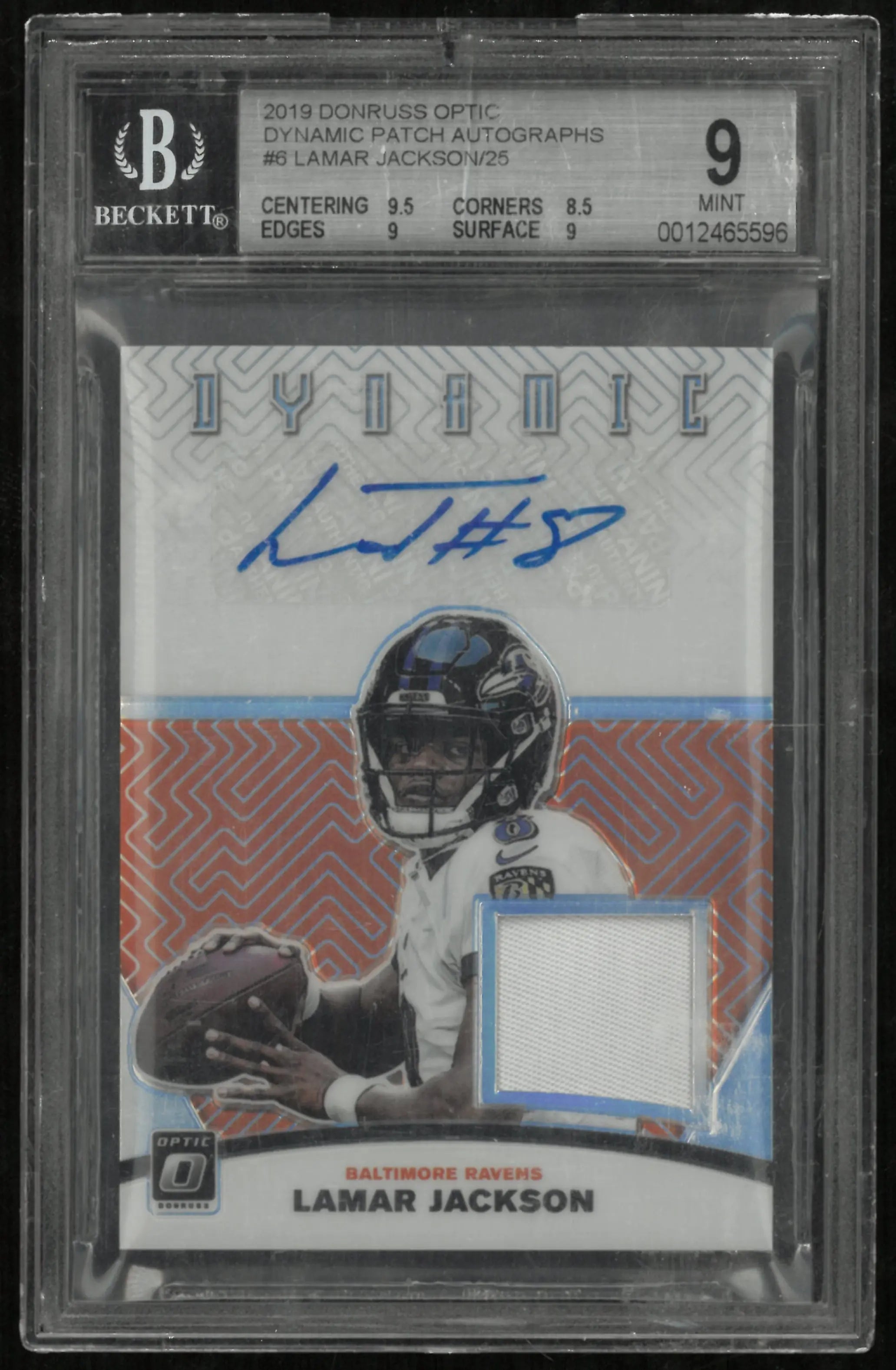 2019 Donruss Optic Dynamic Patch Autographs Lamar Jackson /25 BGS 9 Auto 10 DMG SLAB 