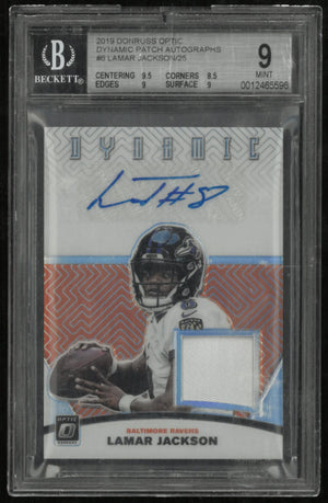 2019 Donruss Optic Dynamic Patch Autographs Lamar Jackson /25 BGS 9 Auto 10 DMG SLAB 
