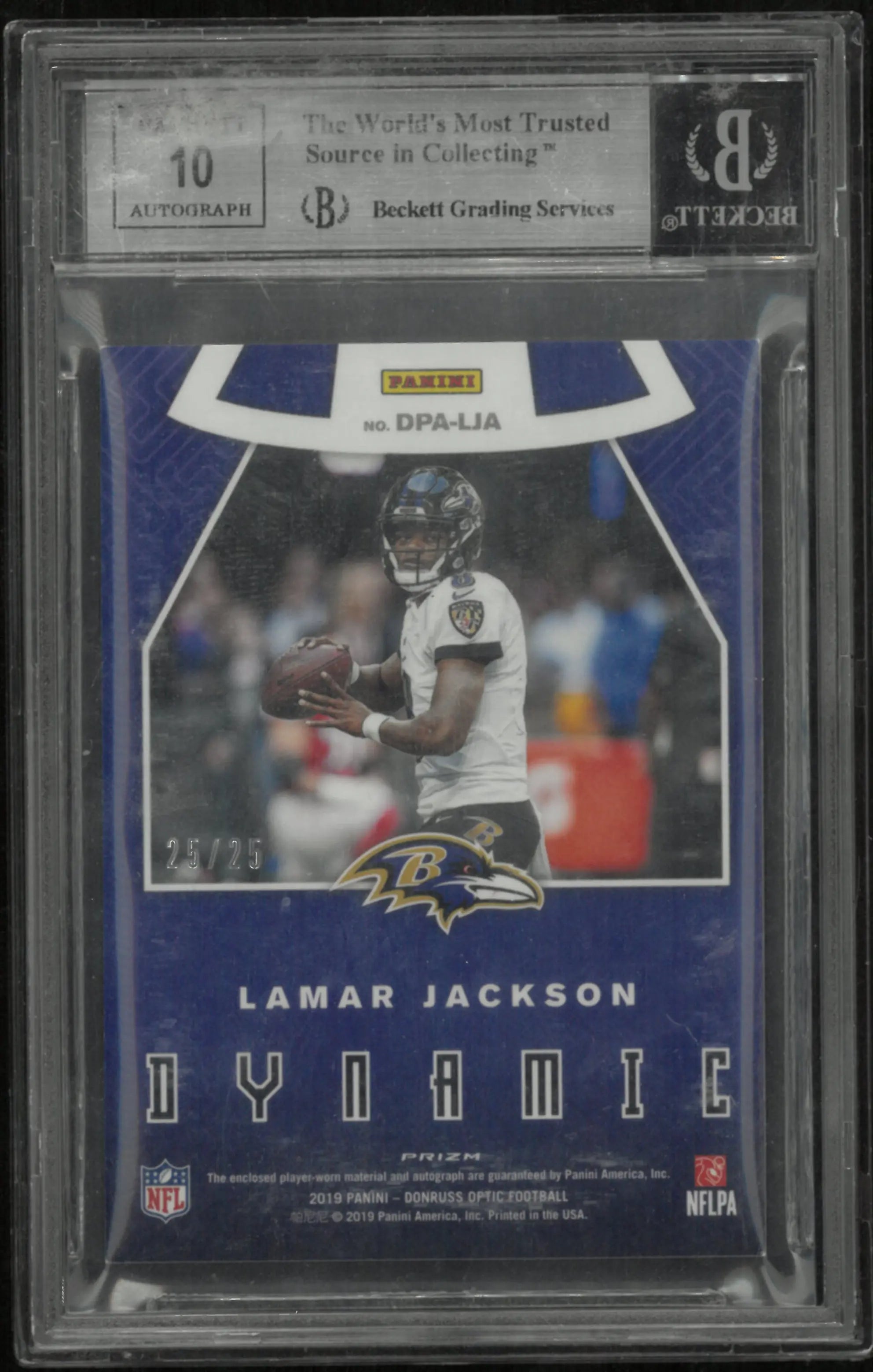 2019 Donruss Optic Dynamic Patch Autographs Lamar Jackson /25 BGS 9 Auto 10 DMG SLAB 