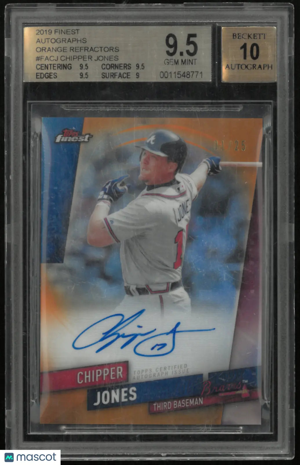 2019 Finest Autographs Orange Refractors Chipper Jones #FACJ BGS 9.5 Auto 10 