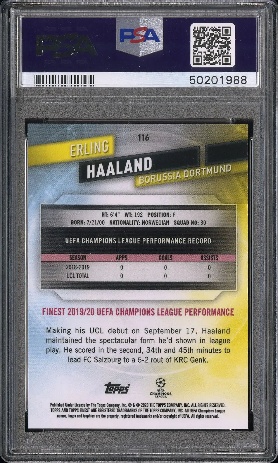 2019 Finest UEFA Champions League Erling Haaland #116 PSA 9 