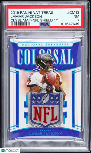 2019 National Treasures Colossal Materials Lamar Jackson NFL Shield 1/1 PSA 7 