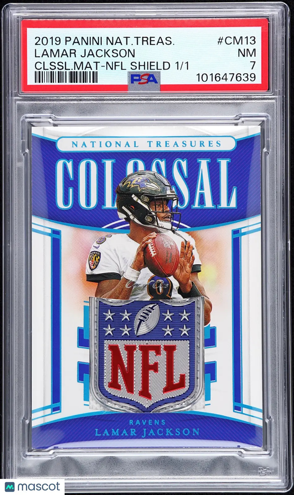 2019 National Treasures Colossal Materials Lamar Jackson NFL Shield 1/1 PSA 7 