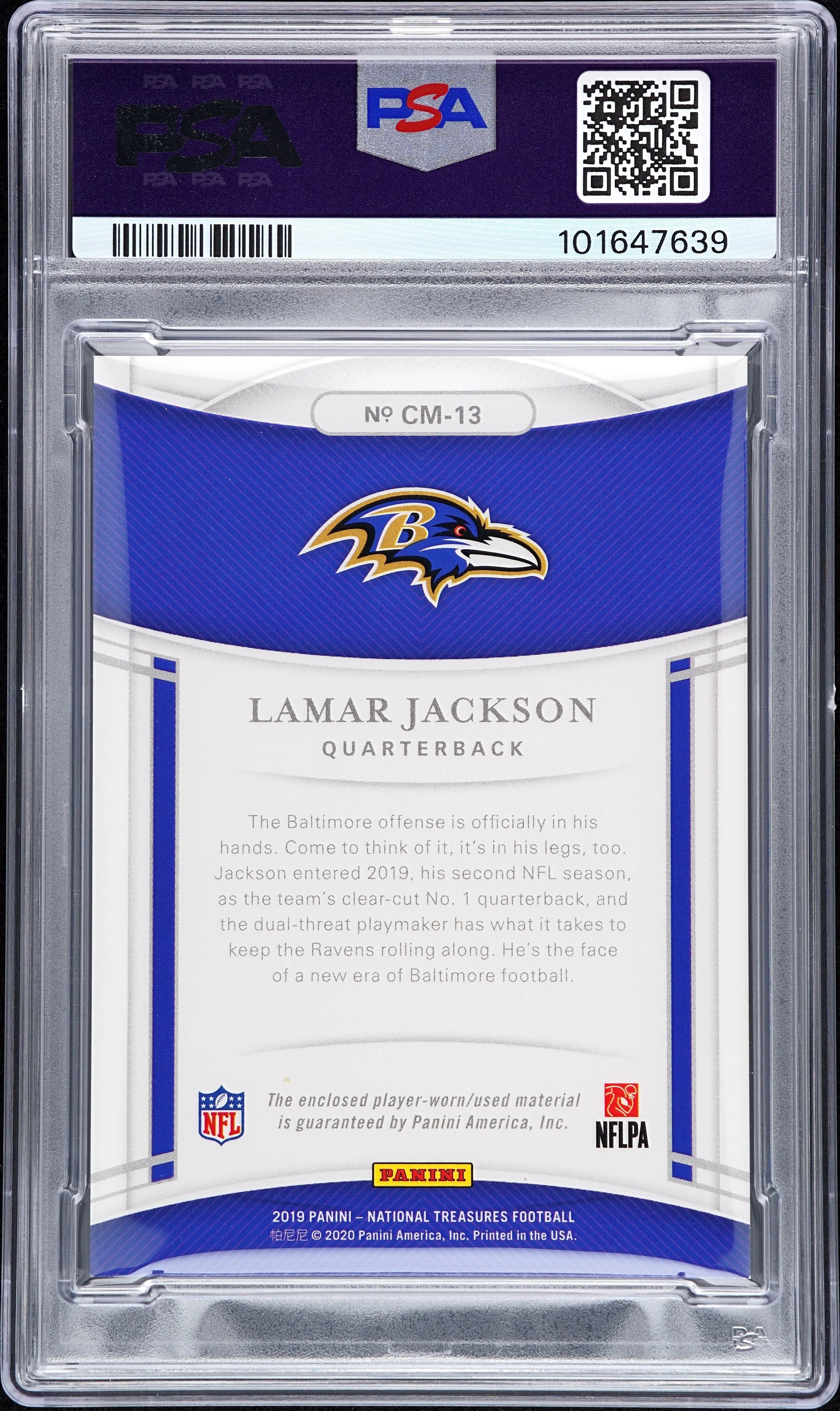 2019 National Treasures Colossal Materials Lamar Jackson NFL Shield 1/1 PSA 7 