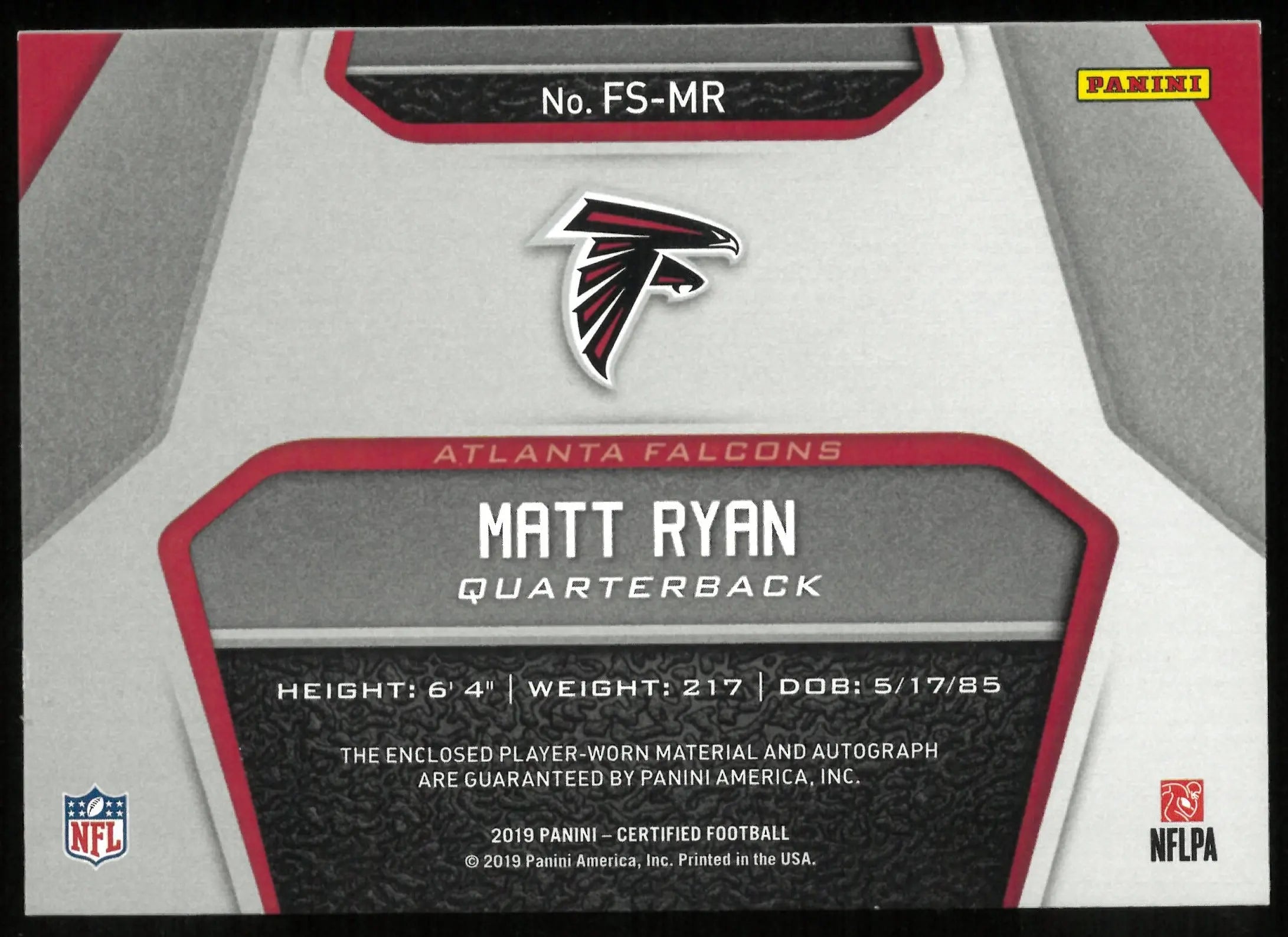 2019 Panini Certified Football Matt Ryan Fabric Of The Game Patch Auto 1/1 