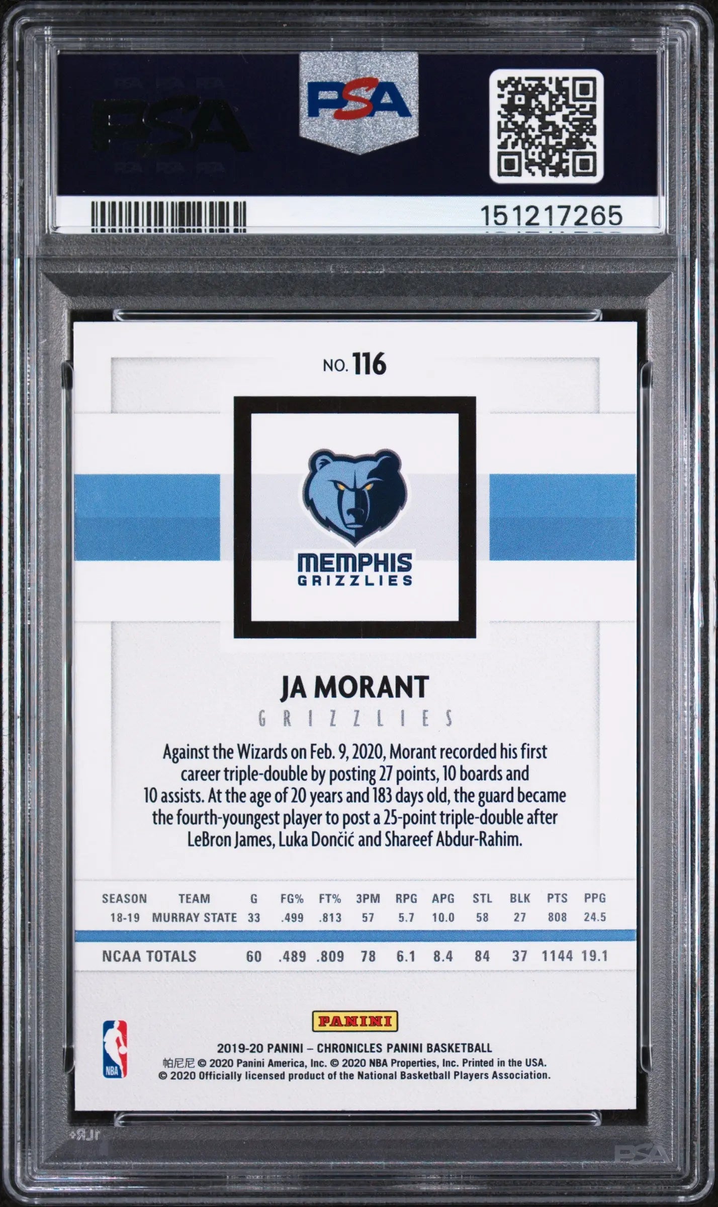 2019 Panini Chronicles Rookie Ja Morant RC PSA 10 