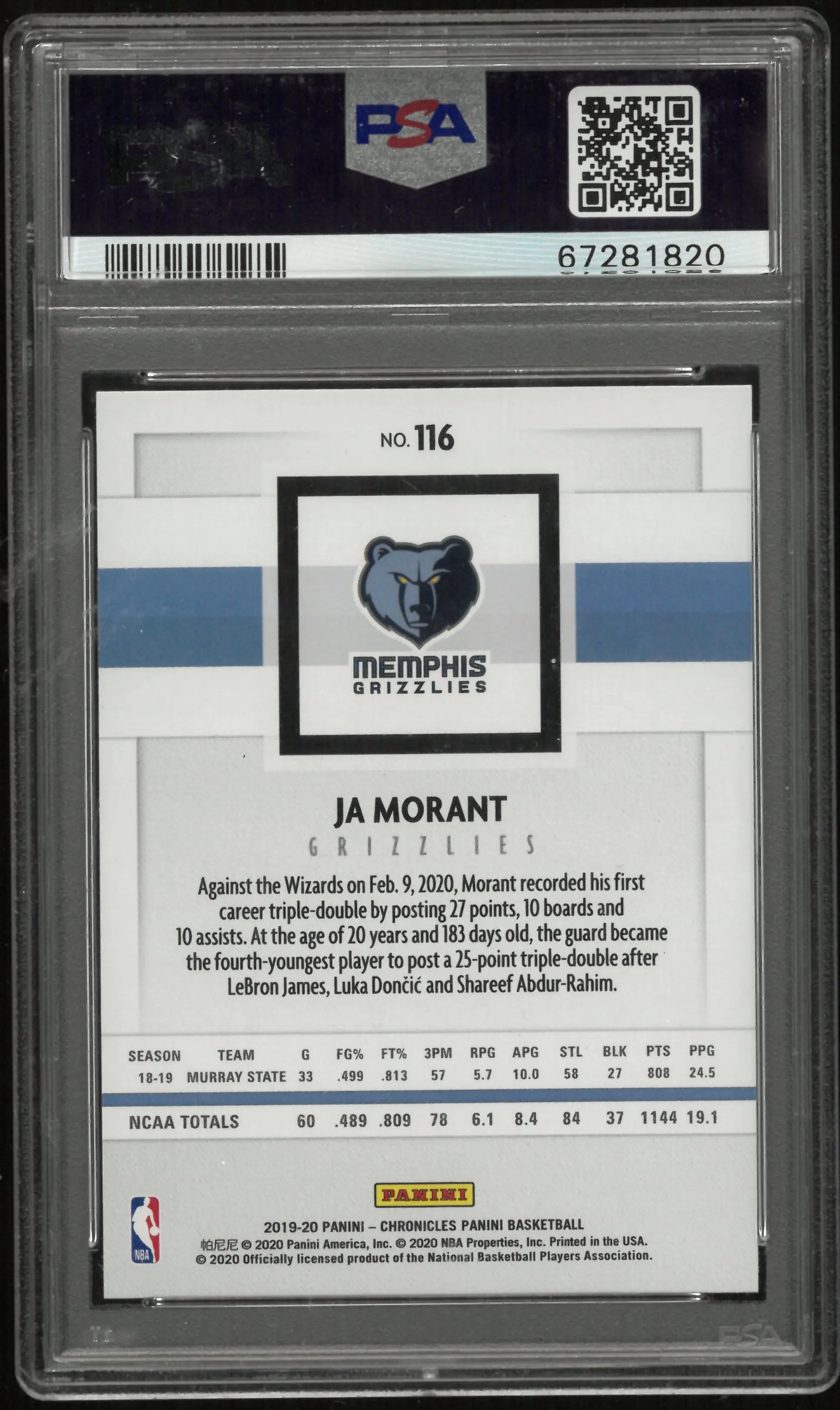 2019 Panini Chronicles Rookies Ja Morant RC PSA 9 