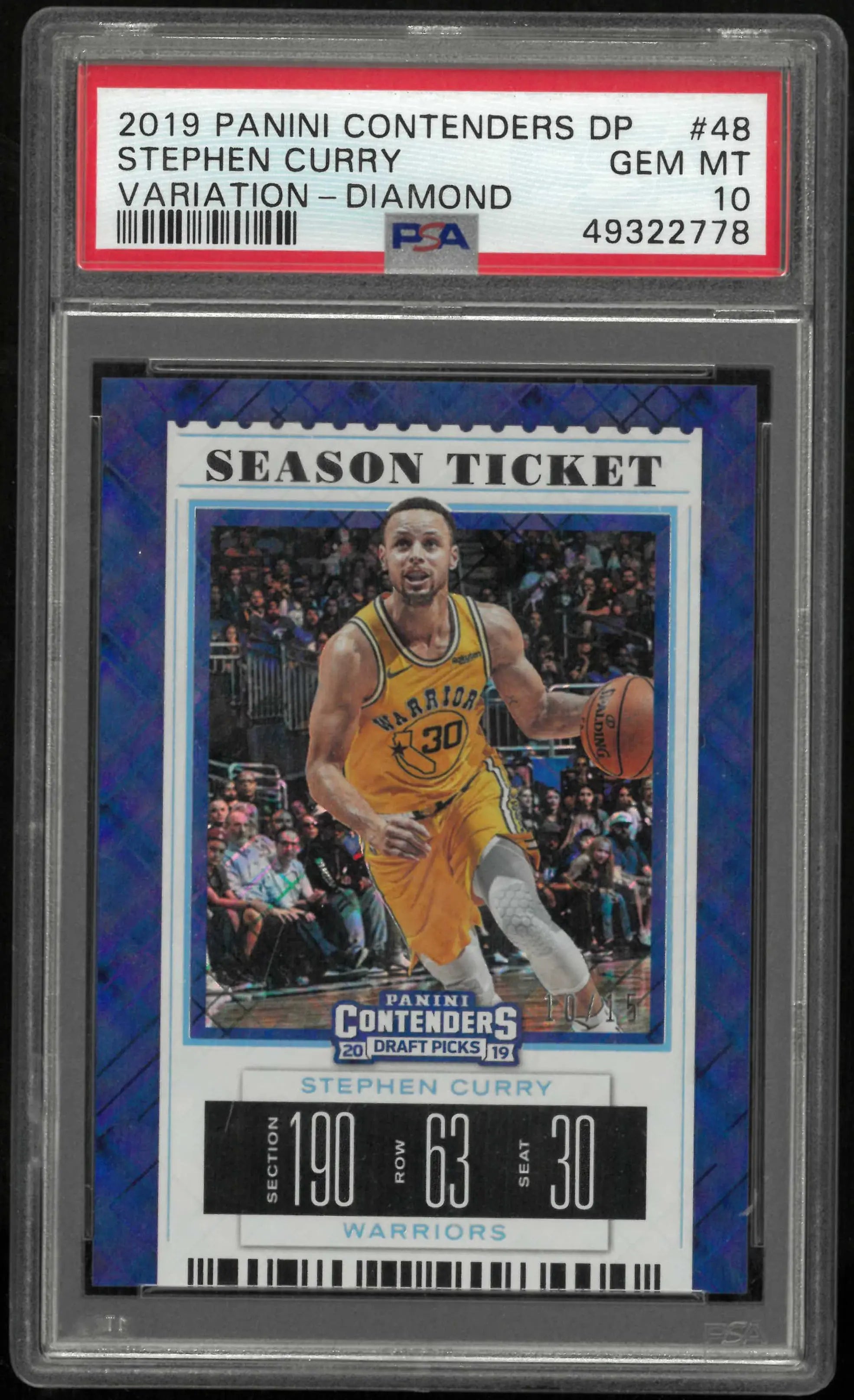 2019 Panini Contenders Draft Picks Stephen Curry Variation-Diamond /15 PSA 10 