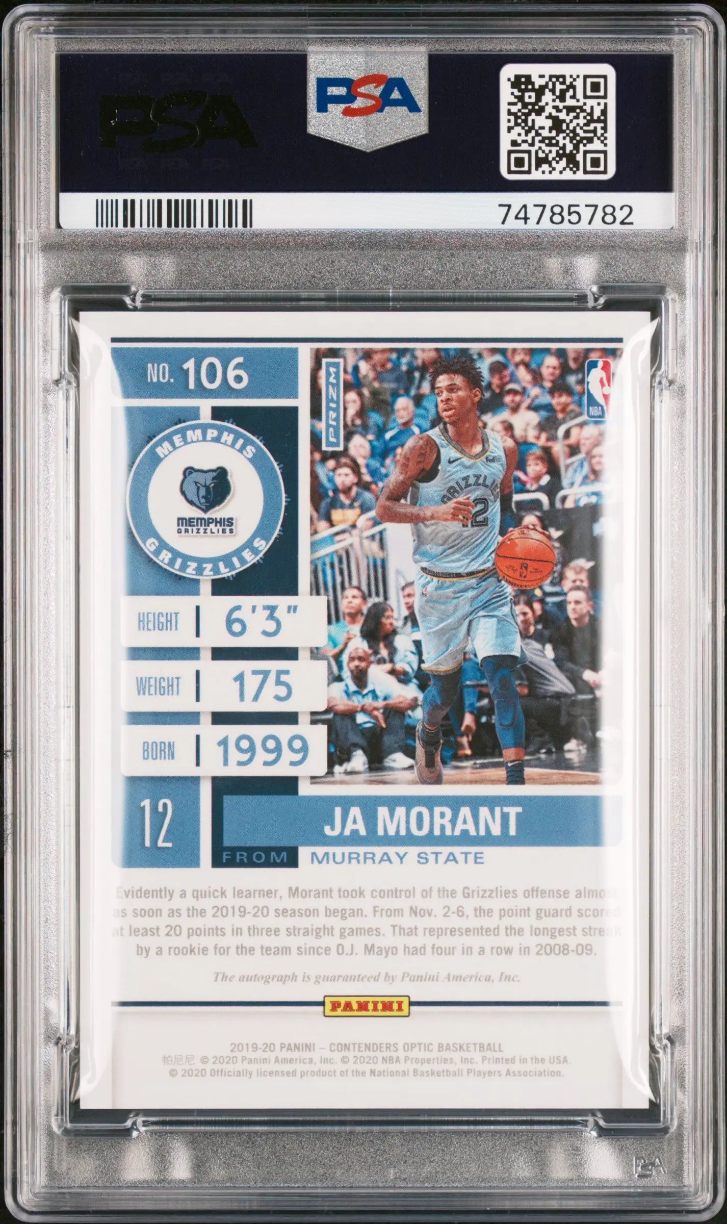 2019 Panini Contenders Optic Ja Morant RC Rookie Ticket Auto Holo PSA 10 