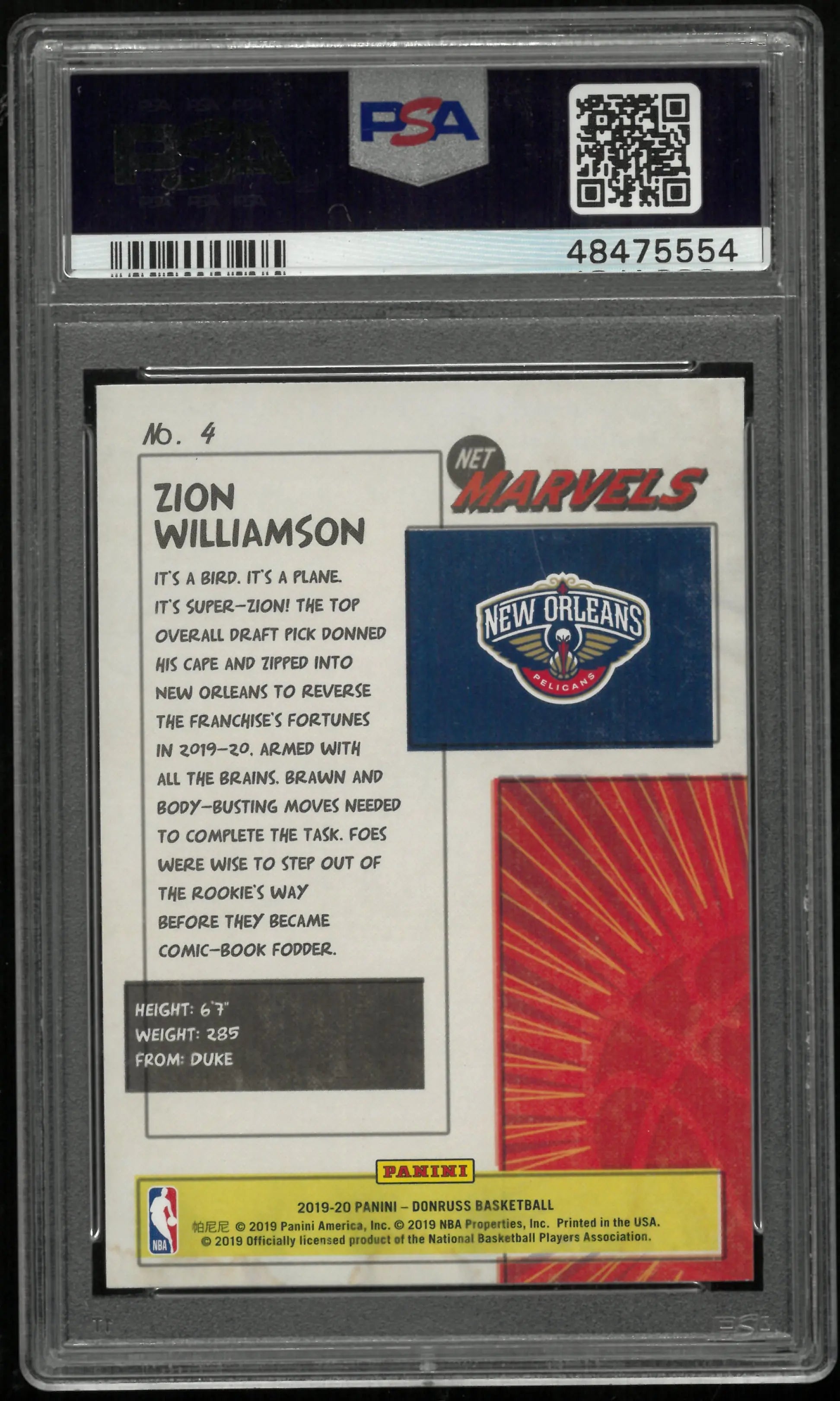 2019 Panini Donruss Net Marvels Zion Williamson PSA 9 