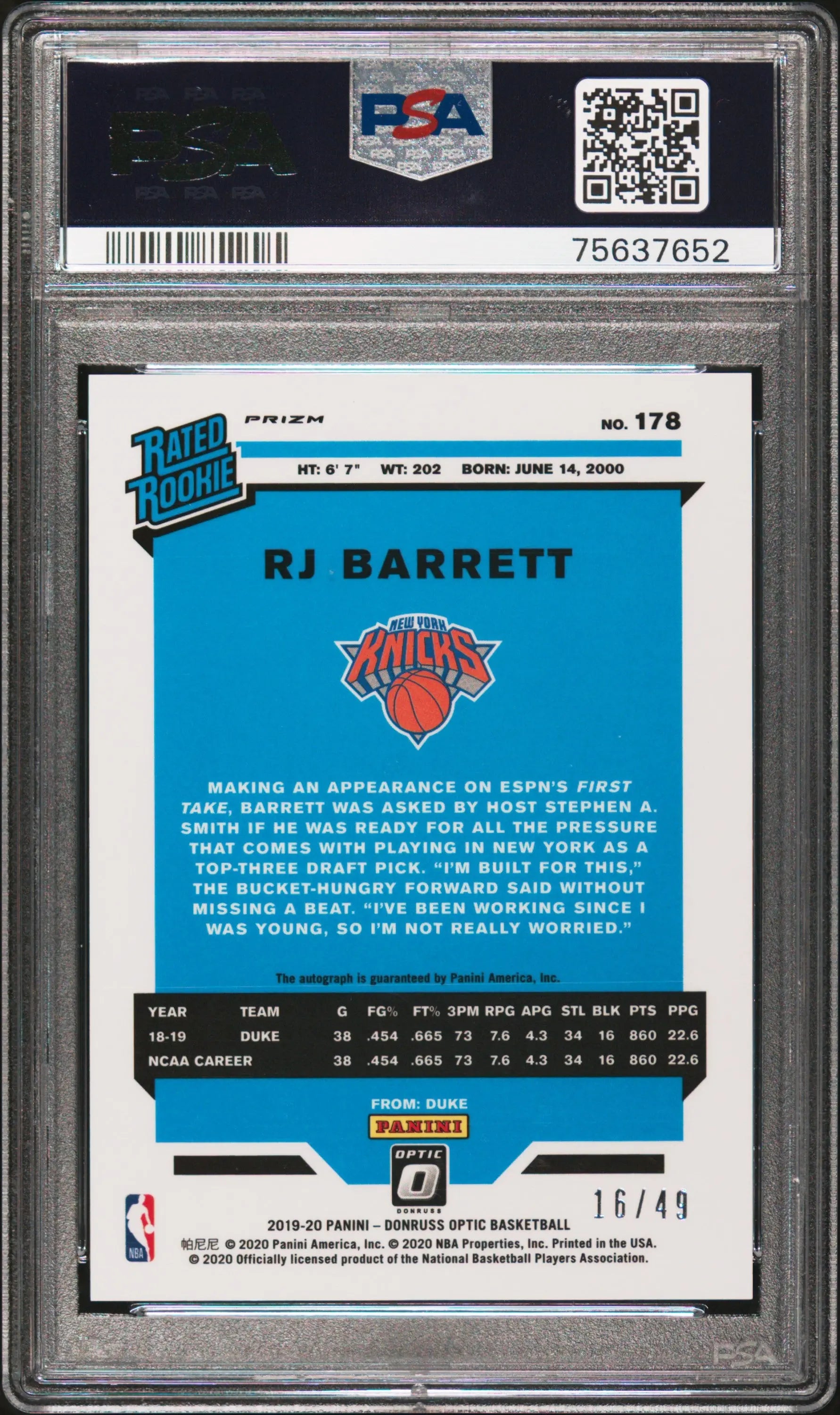 2019 Panini Donruss Optic RJ Barrett #178 Autograph Auto Purple Stars PSA 9 /49 