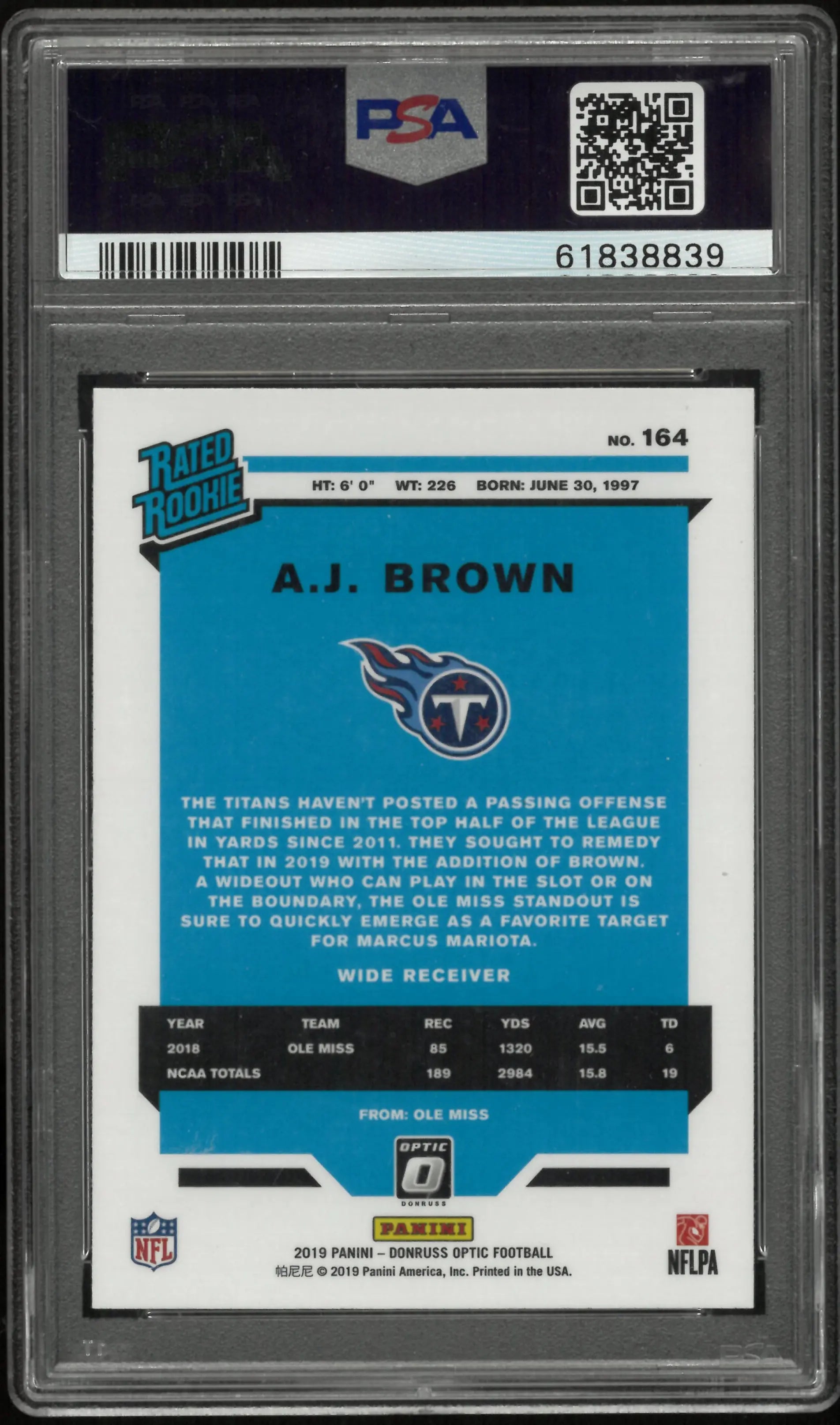 2019 Panini Donruss Optic Rated Rookie  A. J. Brown RC PSA 10 