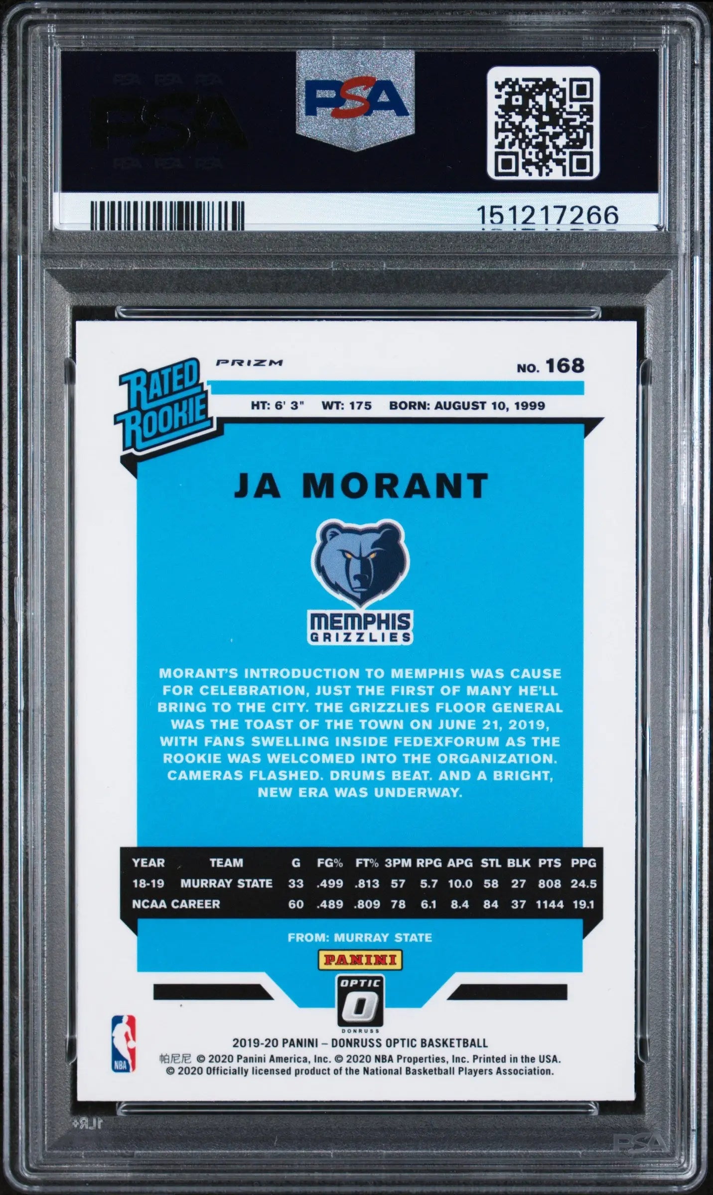 2019 Panini Donruss Optic Rated Rookie Ja Morant Blue Velocity RC PSA 9 