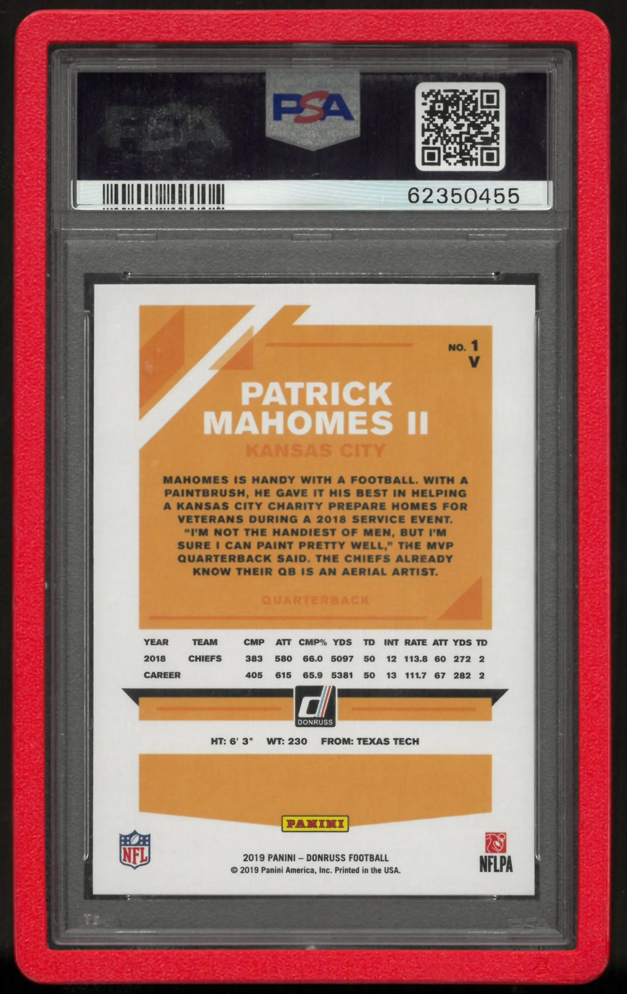 2019 Panini Donruss Patrick Mahomes II #1 No Helmet PRS. PRF. Brnz. PSA 10 